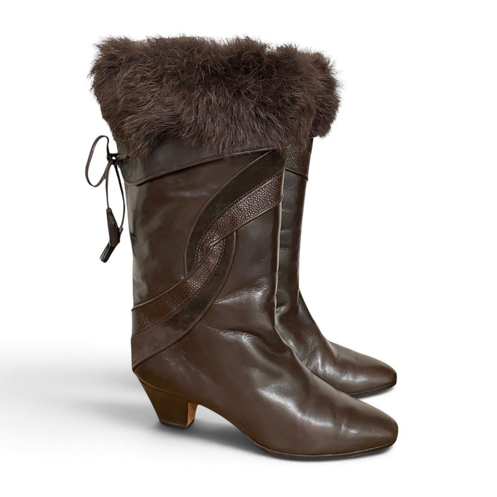 Vintage Bally Brown Leather Fur Trim Lace Back Boots Made in Italy Womens 7.5M